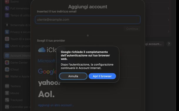 Aggiungere account Google Apple Mail macOS