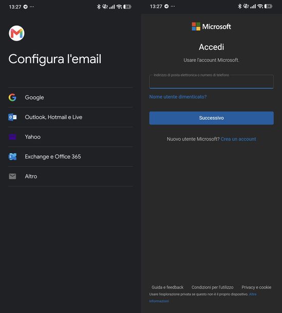 Aggiungere account Outlook app Gmail Android