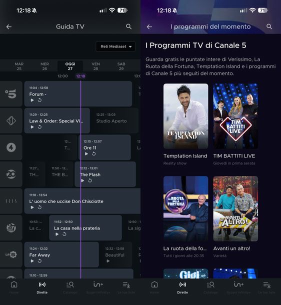 Consultare Guida TV e Catalogo Canale 5 Mediaset Infinity iPhone