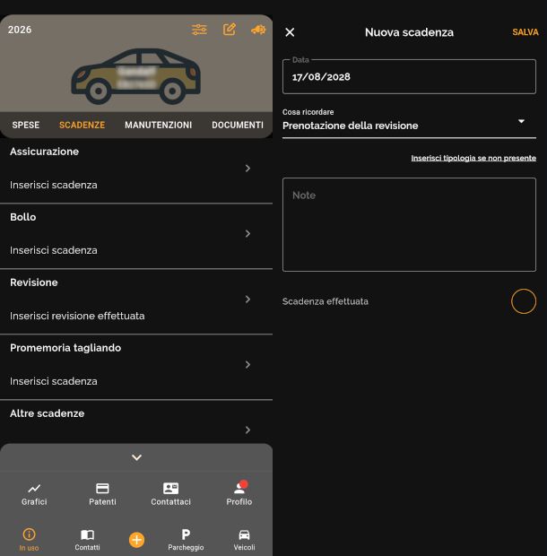 schermate app Veicoli Gestione auto e moto