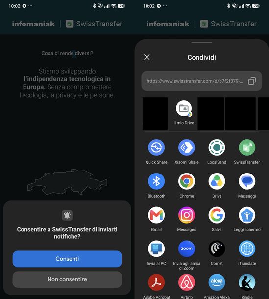 Condividere trasferimento SwissTransfer Android