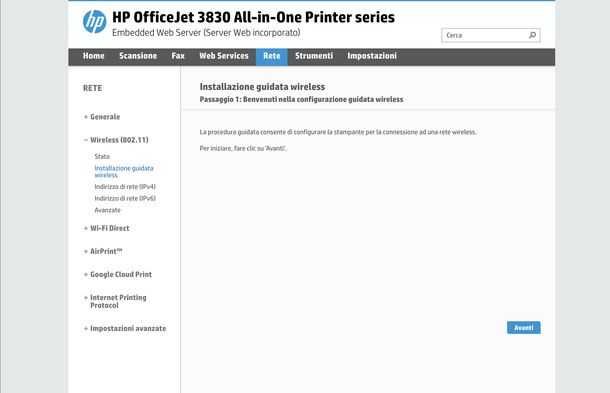 Avviare installazione guidata wireless stampante HP