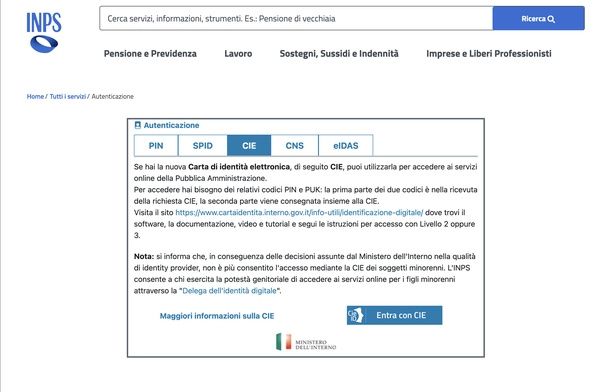 Entrare nel sito INPS con CIE