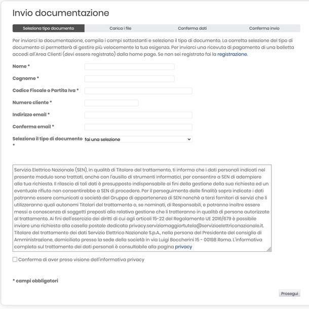 Inviare documentazione Servizio Elettrico Nazionale
