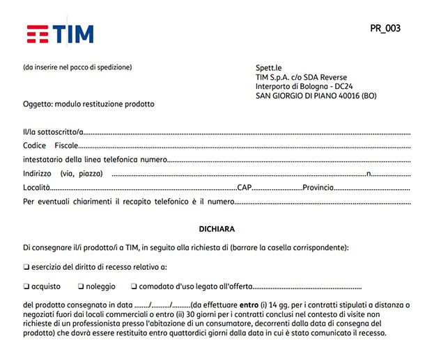 Modulo restituzione prodotti TIM