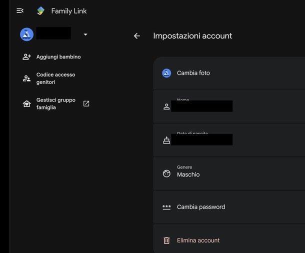 Impostazioni account Elimina account Family Link PC