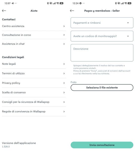 Invio richiesta Centro assistenza Wallapop app