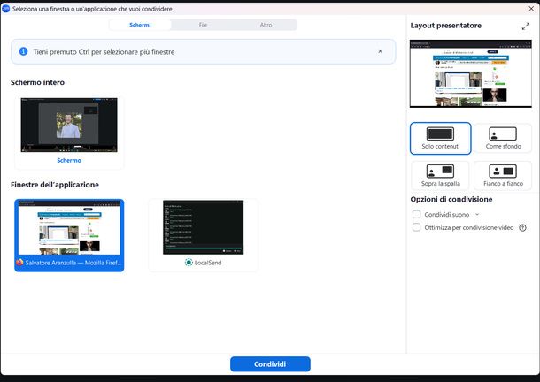 Selezionare la finestra da condividere Zoom Windows