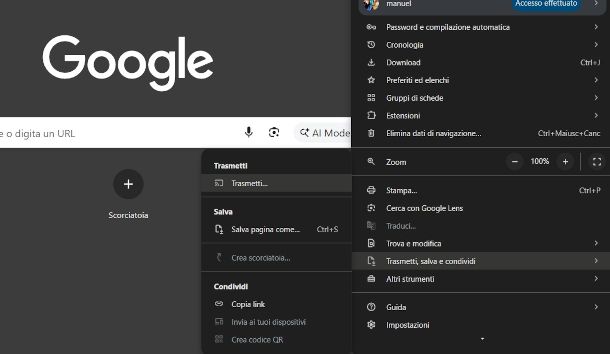 menu attivazione trasmissione schermo con Google Cast