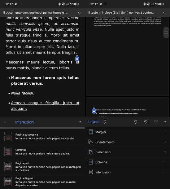 Inserire interruzione di sezione Word Android