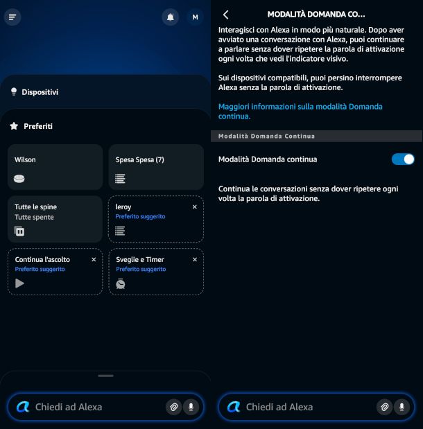 schermata principale app Alexa e attivazione Modalità continua