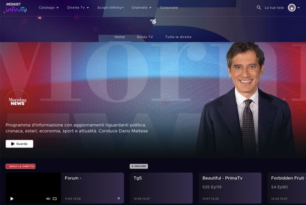 Guardare Canale 5 da pagina dedicata Mediaset Infinity PC