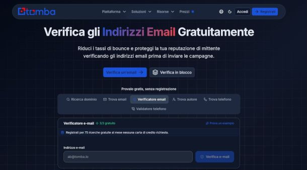 schermata sito Tomba Email Verifier