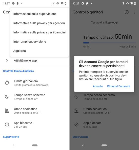 Interrompere la supervisione dal telefono del figlio Android