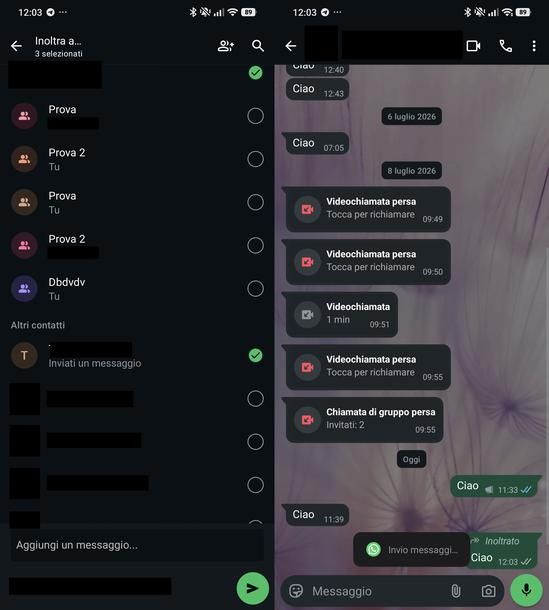Inoltrare messaggio a pi&ugrave; contatti WhatsApp Android