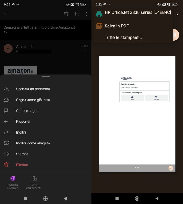 stampa email outlook da android