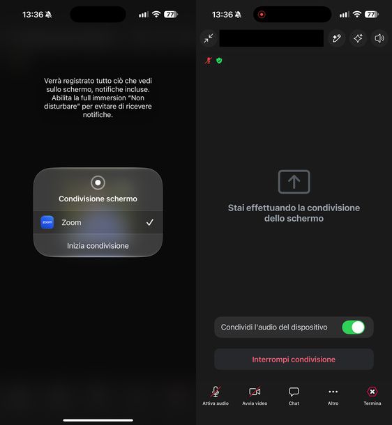Avviare condivisione schermo Zoom iPhone iPad