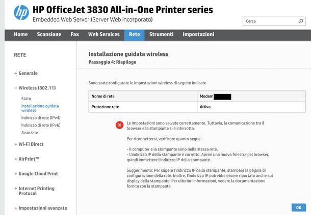 Completare installazione guidata wireless stampante HP