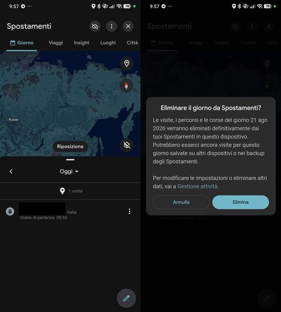 Eliminare giorno da Spostamenti Google Maps Android