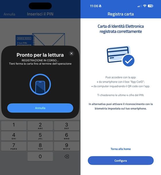 Registrazione carta completata CieID smartphone