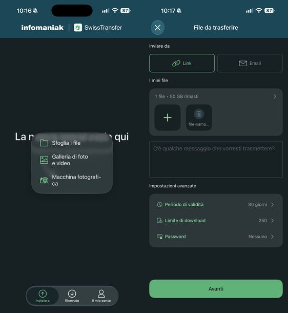 Selezionare file da inviare SwissTransfer iOS