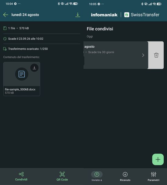 Gestire trasferimento inviato SwissTransfer Android