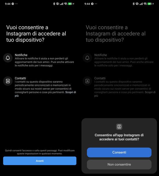 Consentire i permessi a Instagram Android