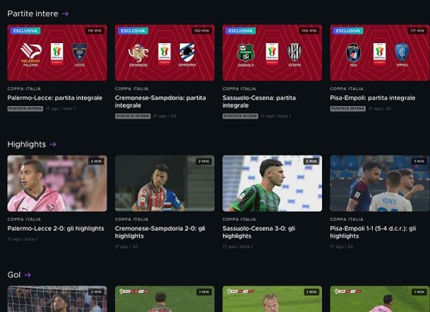 Contenuti Coppa Italia organizzati per tipologia Mediaset Infinity