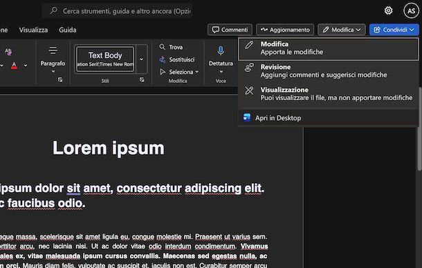 Aprire in Desktop Word Online