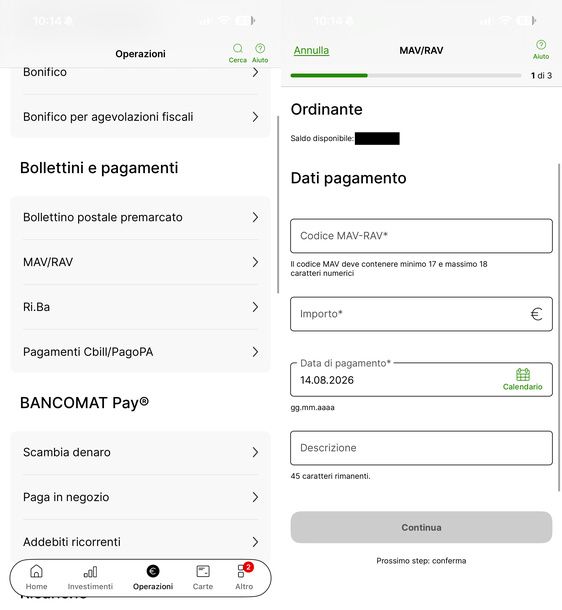 Pagare un MAV RAV app Intesa Sanpaolo iPhone