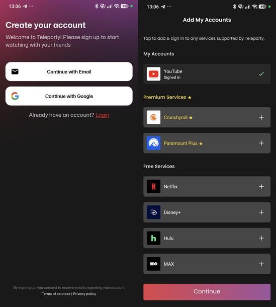Collegare account streaming Teleparty Android