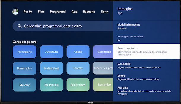 Aprire il pannello immagine Smart TV Sony BRAVIA