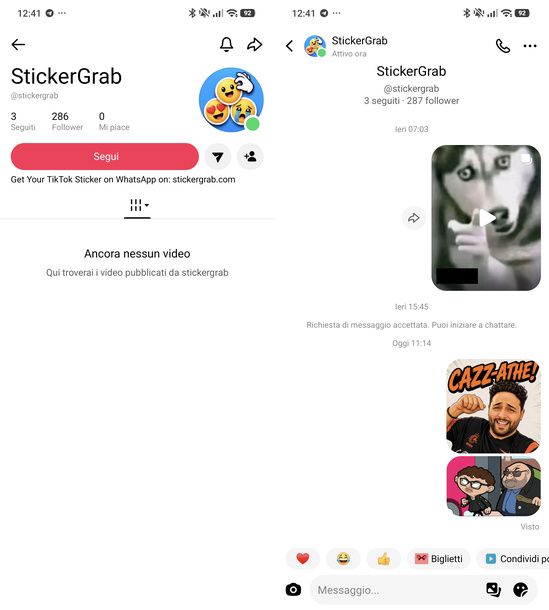 Inviare sticker a StickerGrab su TikTok Android