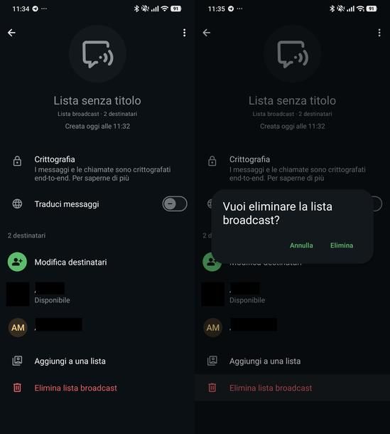 Eliminare lista broadcast WhatsApp Android