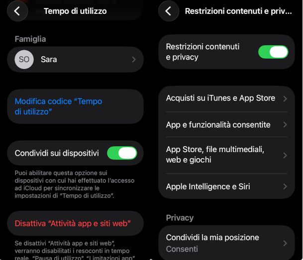 schermate Tempo di utilizzo iPhone sezione In Famiglia