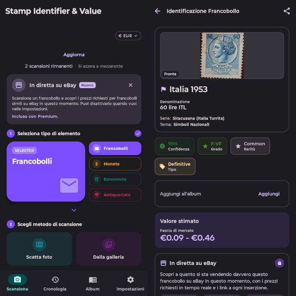 schermate app Francobolli Valore e scanner