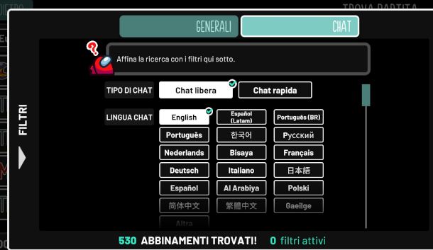 impostazione chat libera in modalità trova partita online