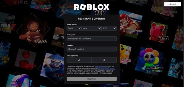 creazione account roblox