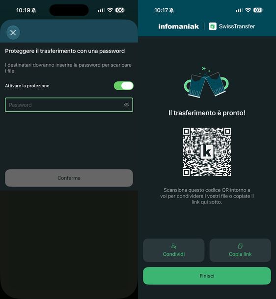 Proteggere trasferimento con password SwissTransfer iOS