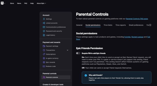 impostazioni controllo parentale su Epic Games