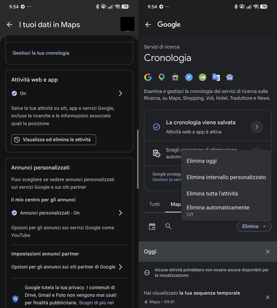 Eliminare cronologia ricerche Google Maps Android