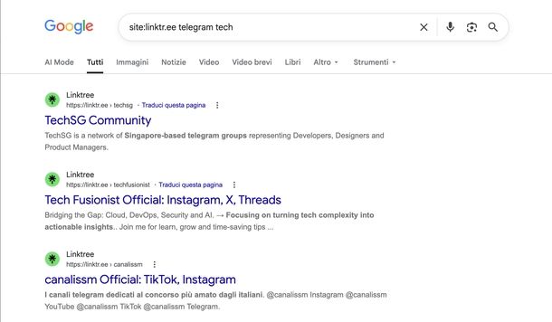 Trovare canali Telegram nascosti Google