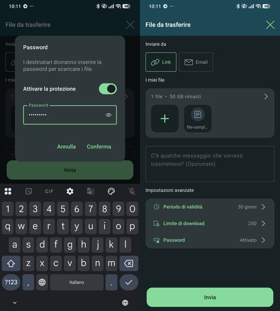 Proteggere trasferimento password SwissTransfer Android