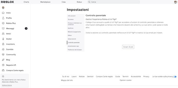 schermata controllo parentale su impostazioni Roblox dal web