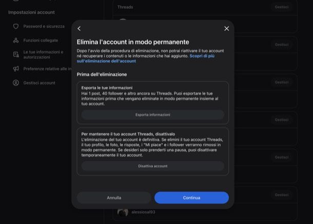 Disattivare account Threads PC