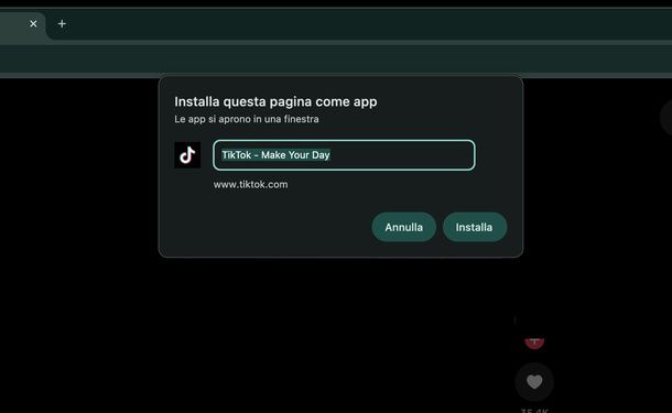 Installare TikTok come app Chrome Mac