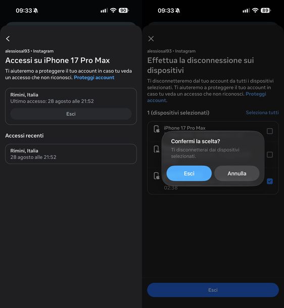 Disconnettere i dispositivi connessi a Instagram iPhone