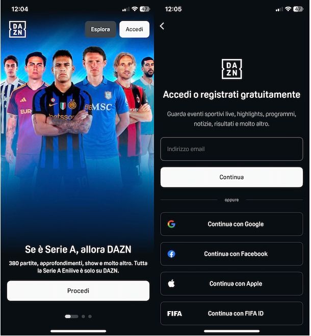 Accedere a DAZN da app