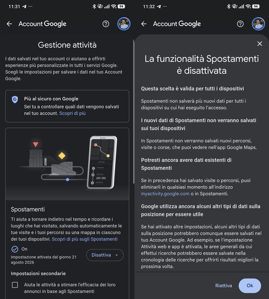 Disattivare gli Spostamenti di Google