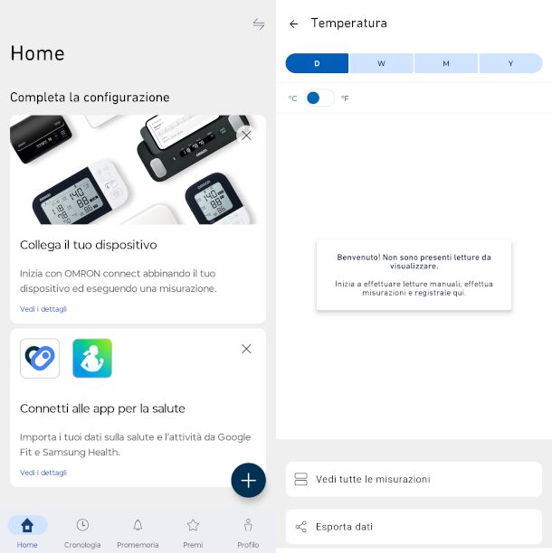 schermate app Omron Connect